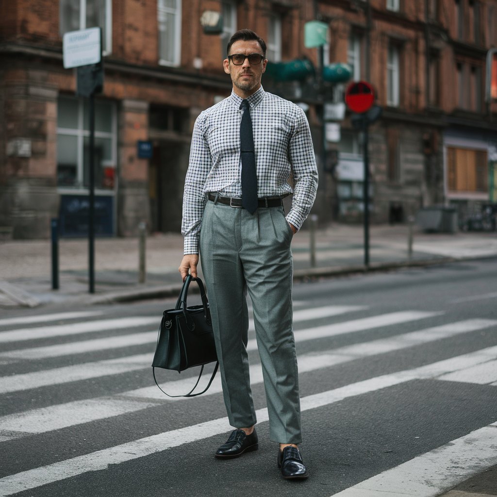 Dressy Look Grey Trousers with a Checked Shirt
